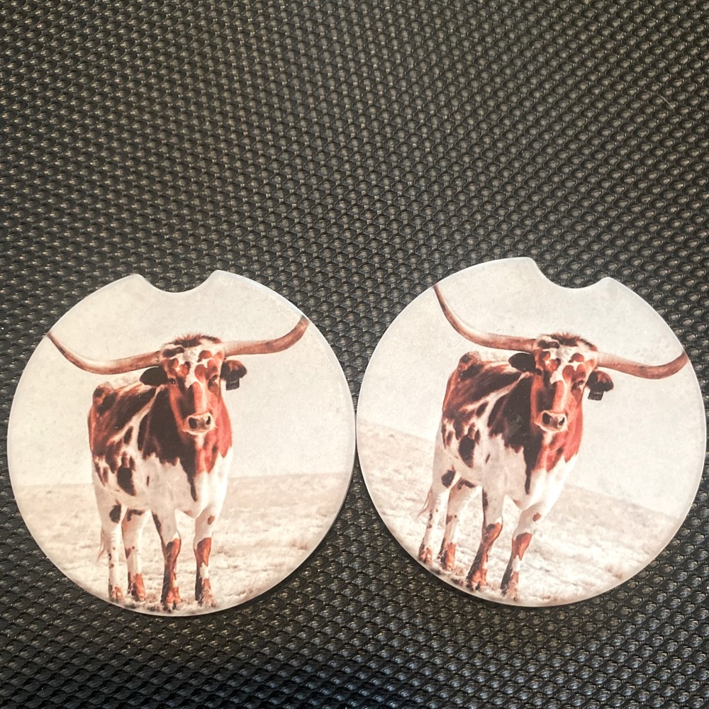 Cow/bull ceramic car coasters set of 2